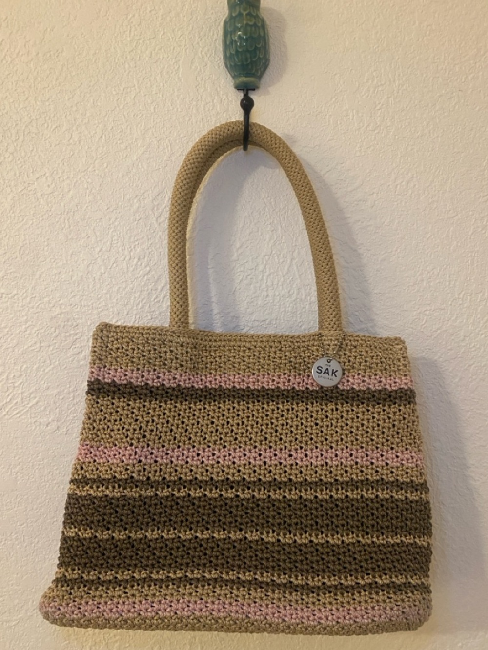 The Sak Original Crochet Tote Bag Striped Tan Brown Pink Boho Shoulder Purse